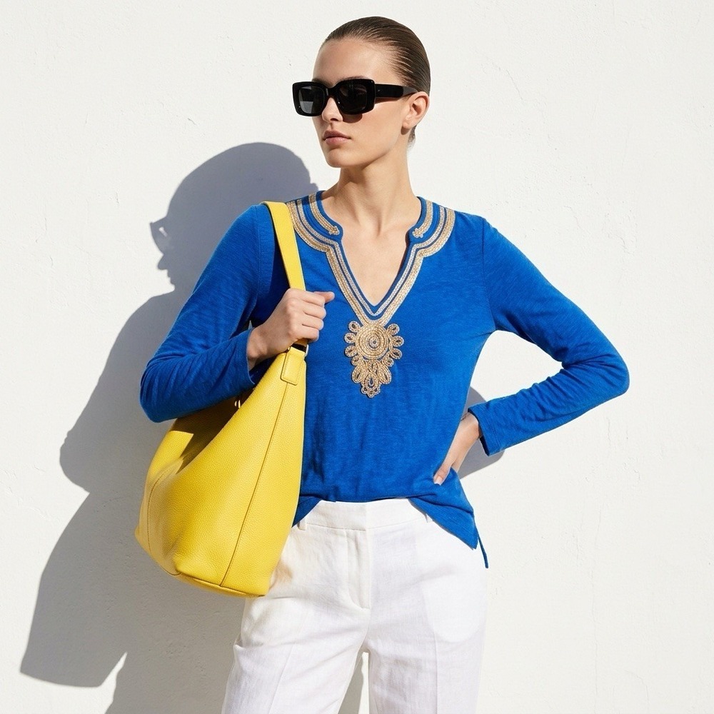 Lilly Pulitzer Emerson‎ Tunic Top Metallic Gold Royal Blue Coastal Beach